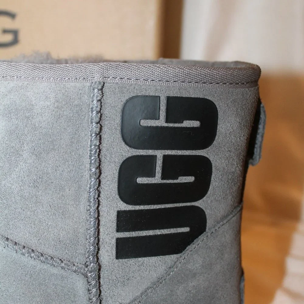 NEW UGG MINI LOGO SUEDE SHEARLING LINED ANKLE WINTER BOOTS‎ GRAY BLACK